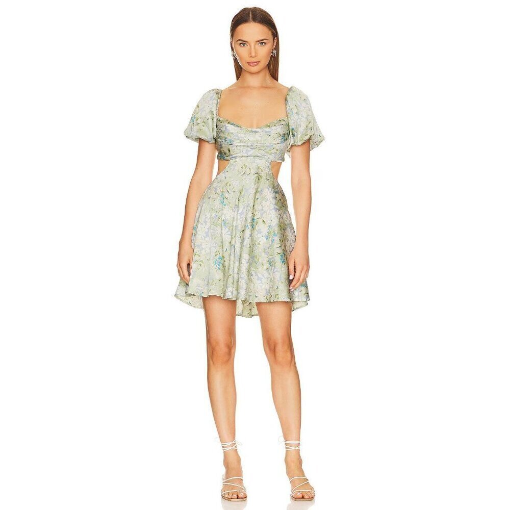 ASTR the Label Clarita Dress in Green Blue Floral Small New Womens Satin Mini